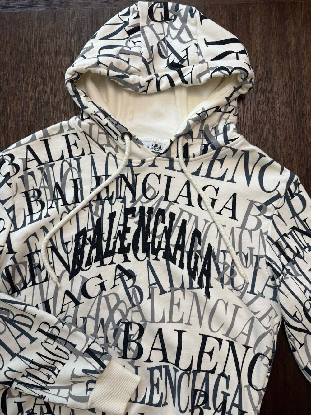 Balenciaga Hoodie All Over Logo Print Men’s Large Fleece Cotton Pullover